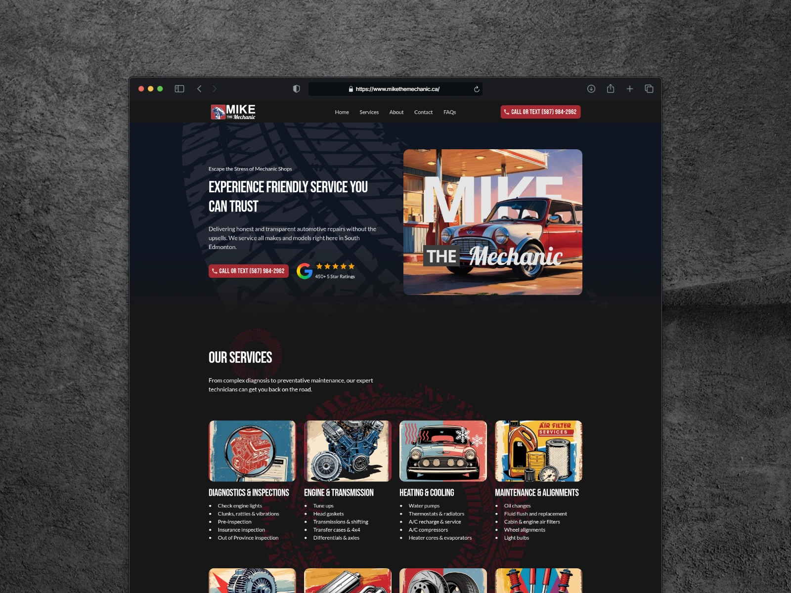 Desktop view of the Mike the Mechanic website, with its service headline, call control, rating, and illustrated red car.