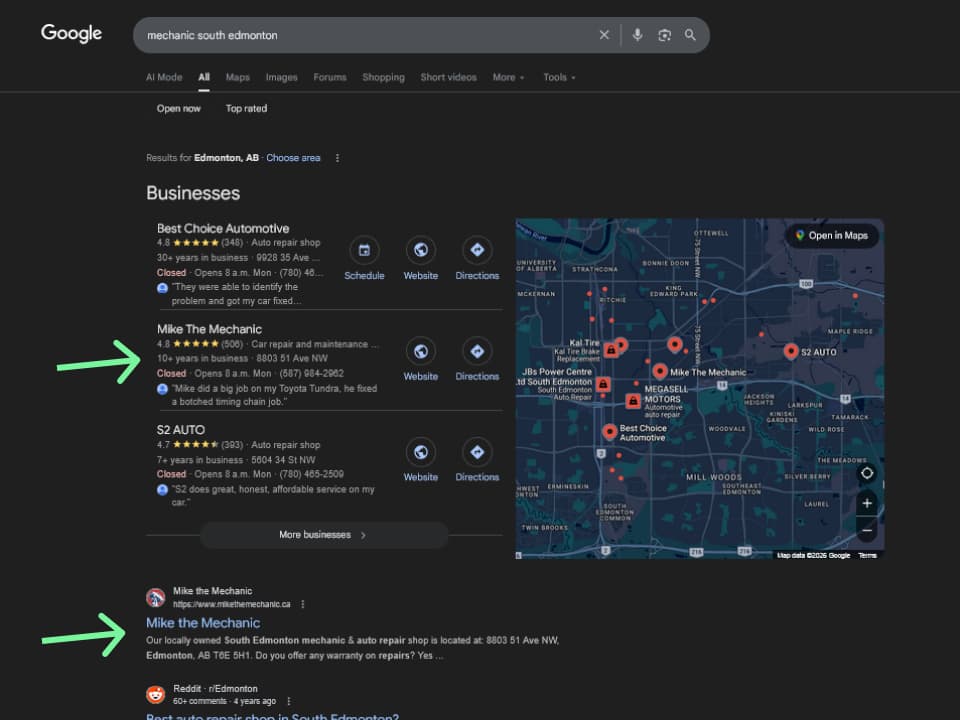 Google results for “mechanic south edmonton,” showing Mike the Mechanic in the local results and first organic listing.