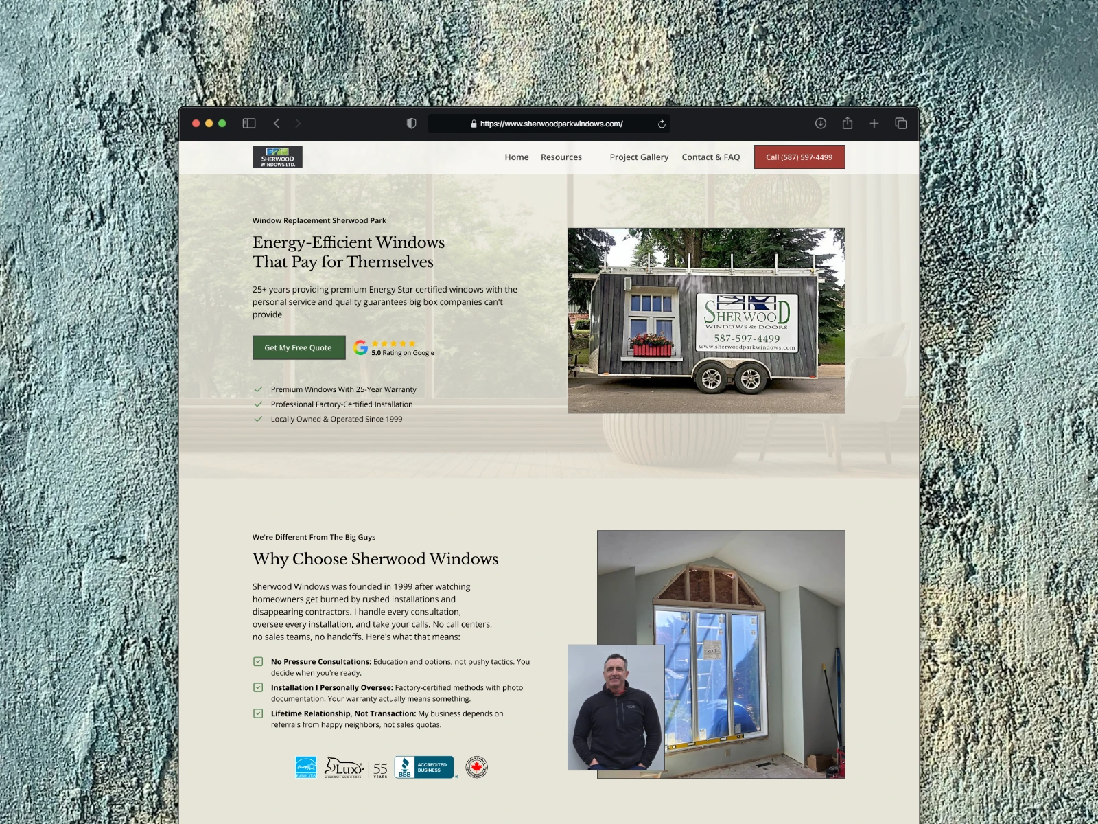 Desktop view of the Sherwood Windows website, showing its quote-focused homepage and Sherwood trailer photograph.